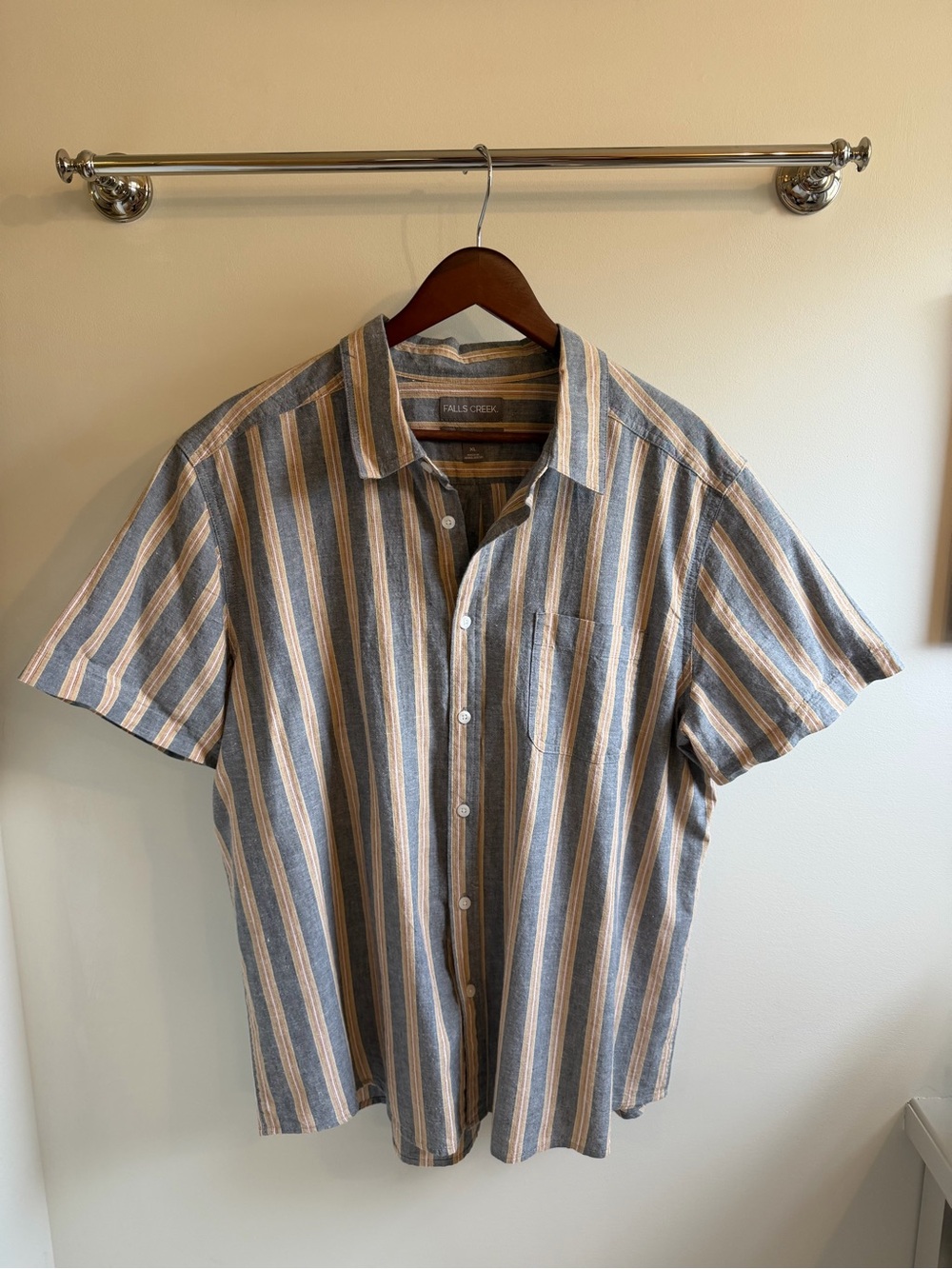 Falls Creek Men's Short-Sleeve Striped Button-Up Shirt in Blue and Tan